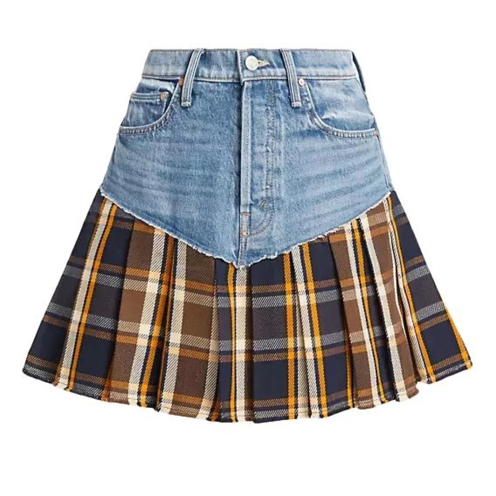 MOTHER Blue Denim and Plaid Mini Skirt